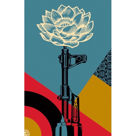 Fleurs-et-fusils-LaviolenceestfaibPaix-Fleur-fusils-La violencefaible-lithograph-shepard-fairey-obey